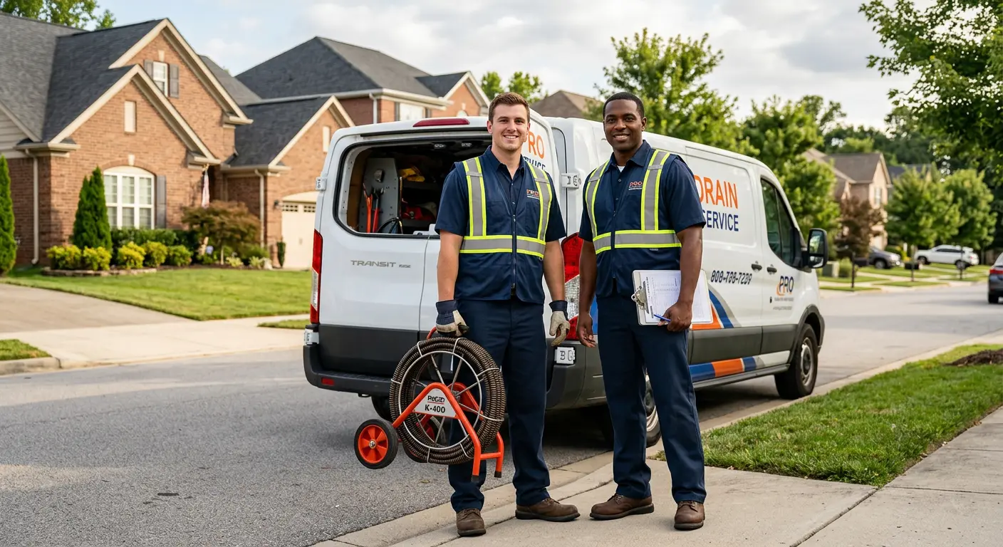 Sewer and drain service team with equipment ready for work in Grove City