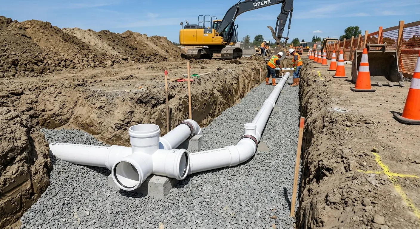 New PVC sewer pipe installation in open trench for Sewer Backup in Grove City