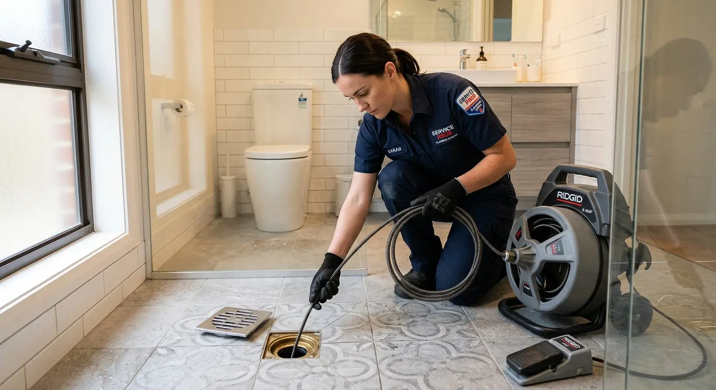 Technician clearing a bathroom floor drain for Clogged Drain Repair in Grove City